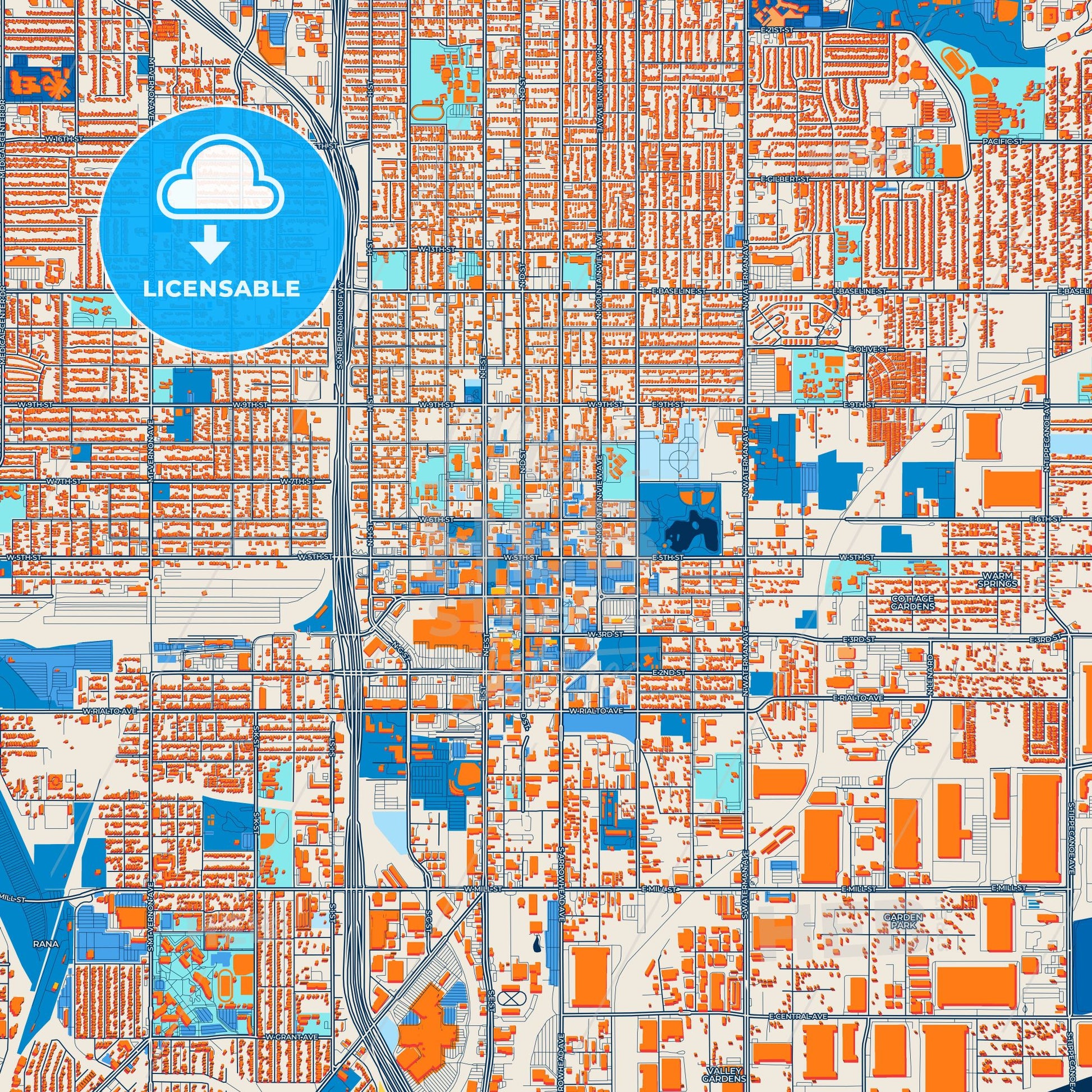 Colorful San Bernardino Street Map with Labels and Buildings