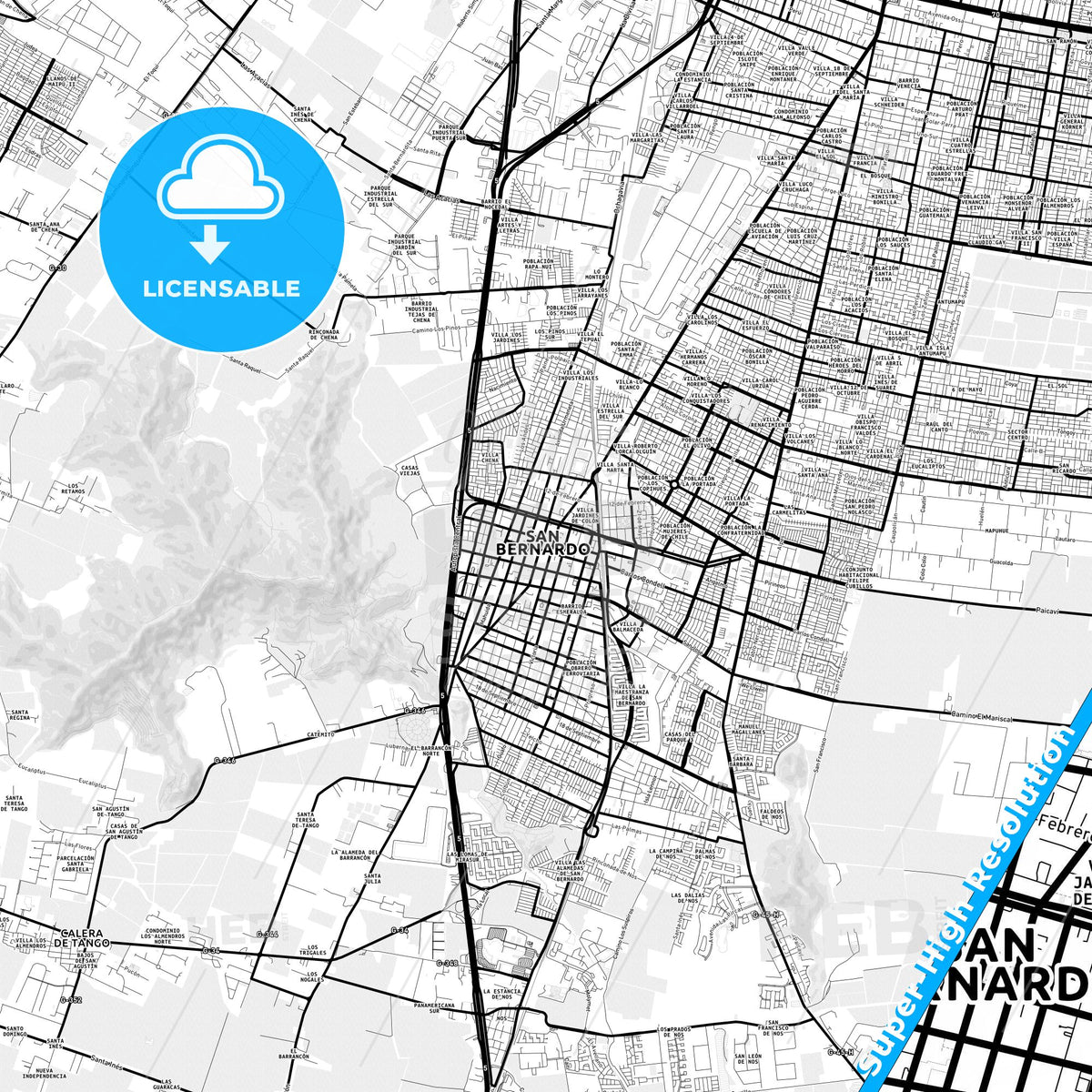 San Bernardo, Chile Light Map with Street Names, City Names, and Districts