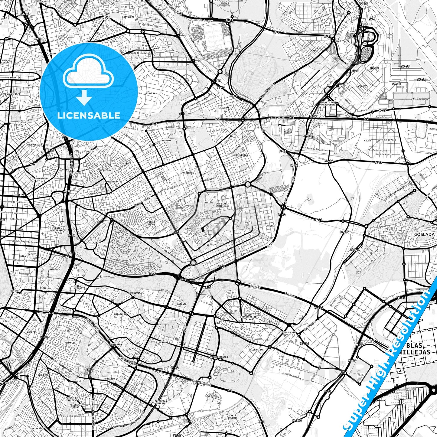 San Blas, Spain Light Map with Street Names, City Names, and Districts