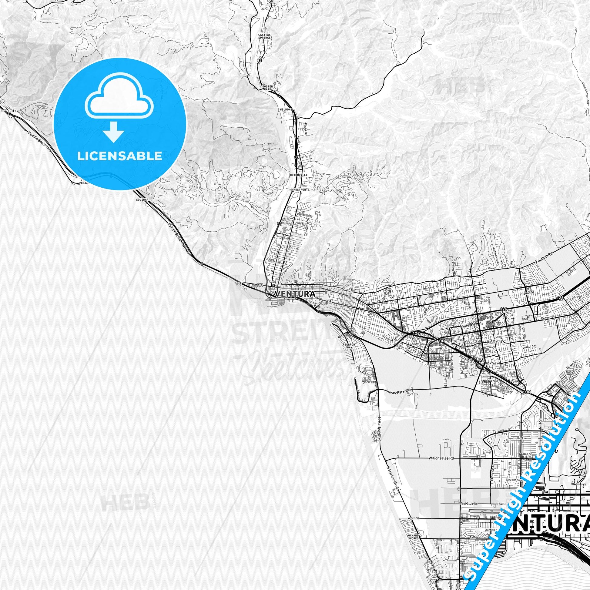 San Buenaventura, California light map with streetnames, citynames and districts