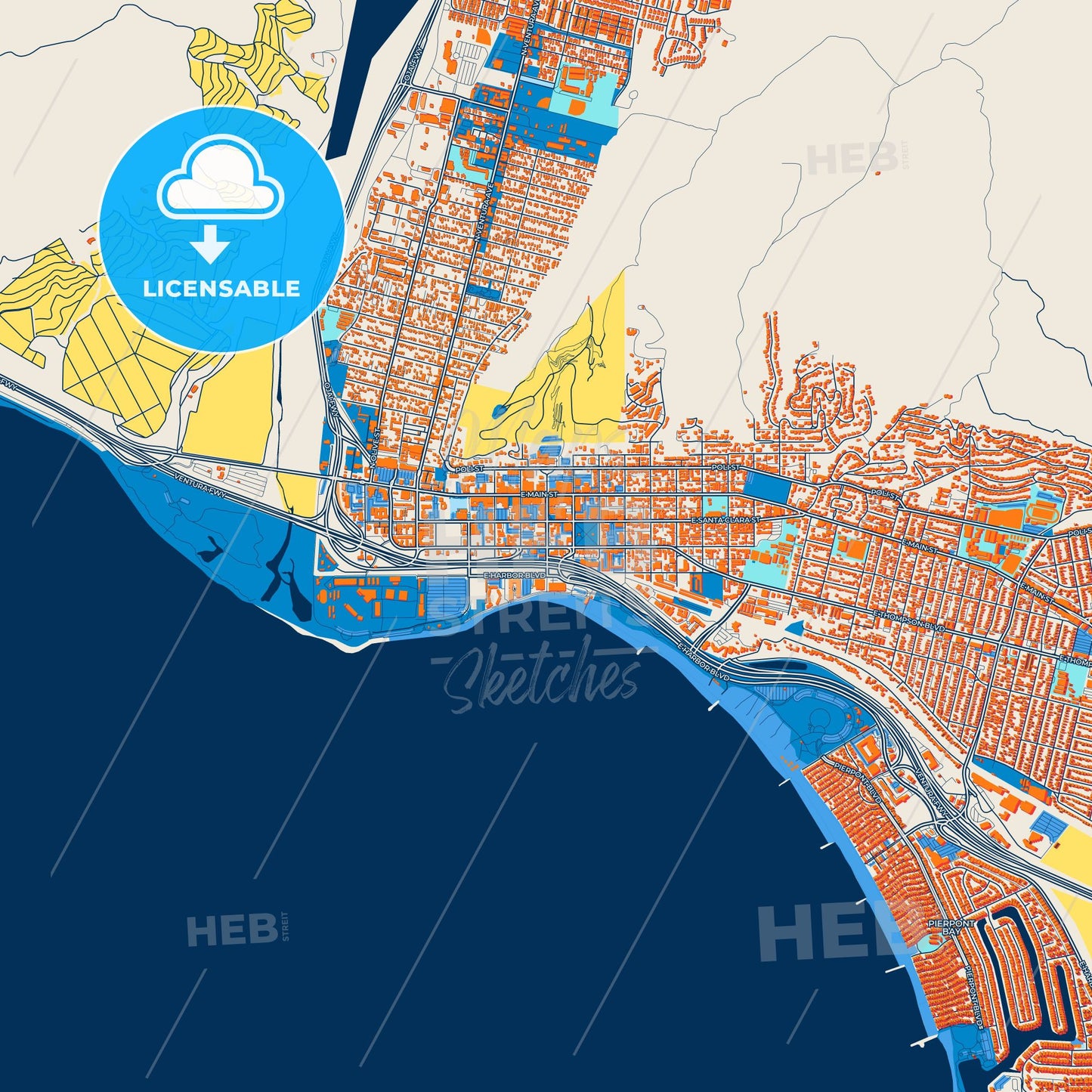 Colorful San Buenaventura Street Map with Labels and Buildings