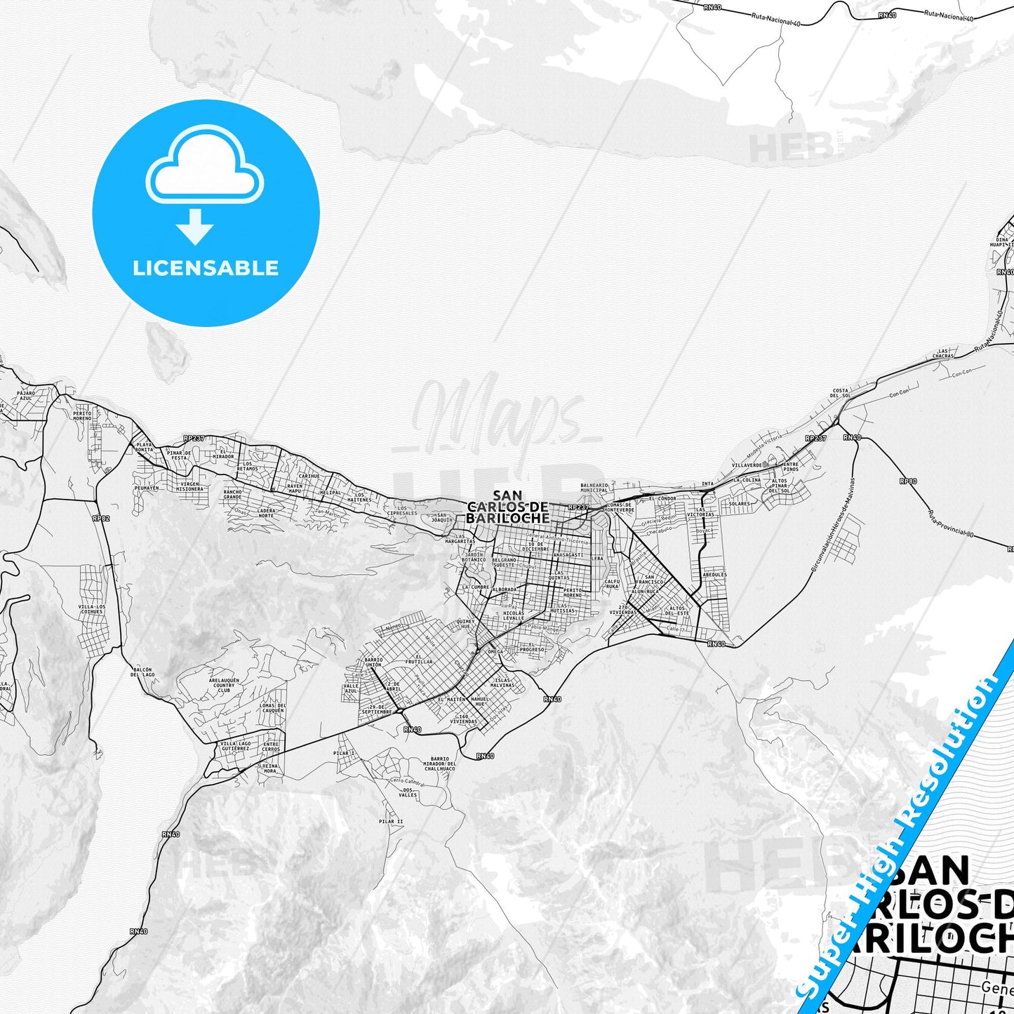 San Carlos de Bariloche, Argentina light map with streetnames, citynames and districts