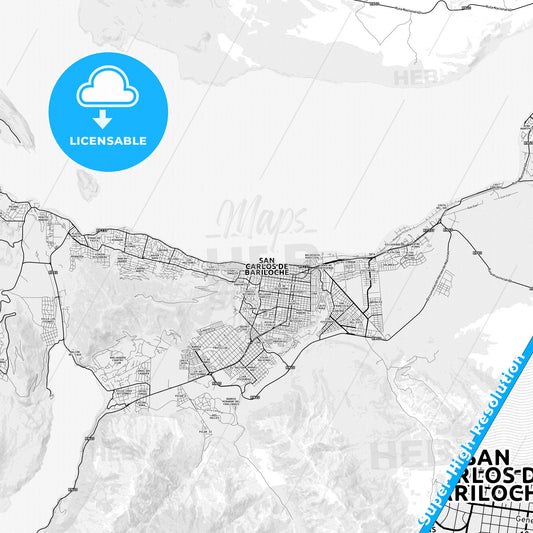 San Carlos de Bariloche, Argentina light map with streetnames, citynames and districts