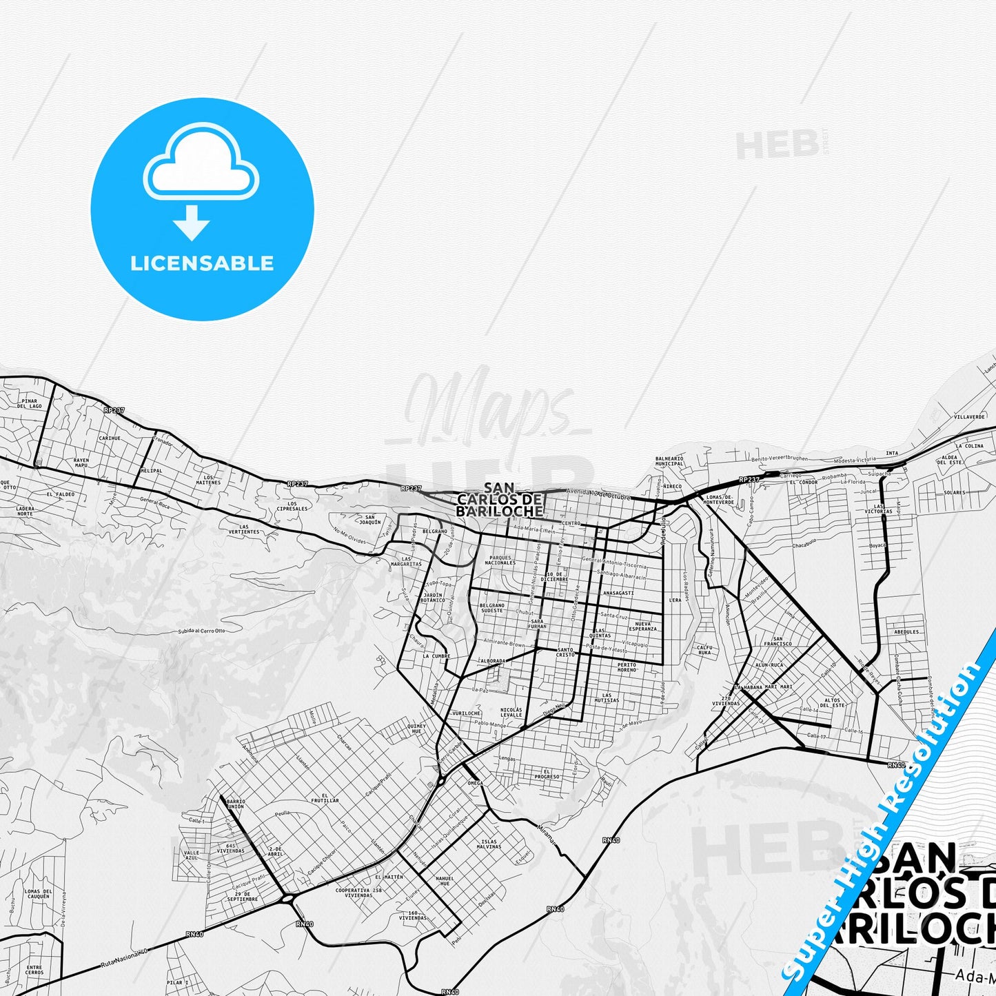 San Carlos de Bariloche, Argentina Light Map with Street Names, City Names, and Districts