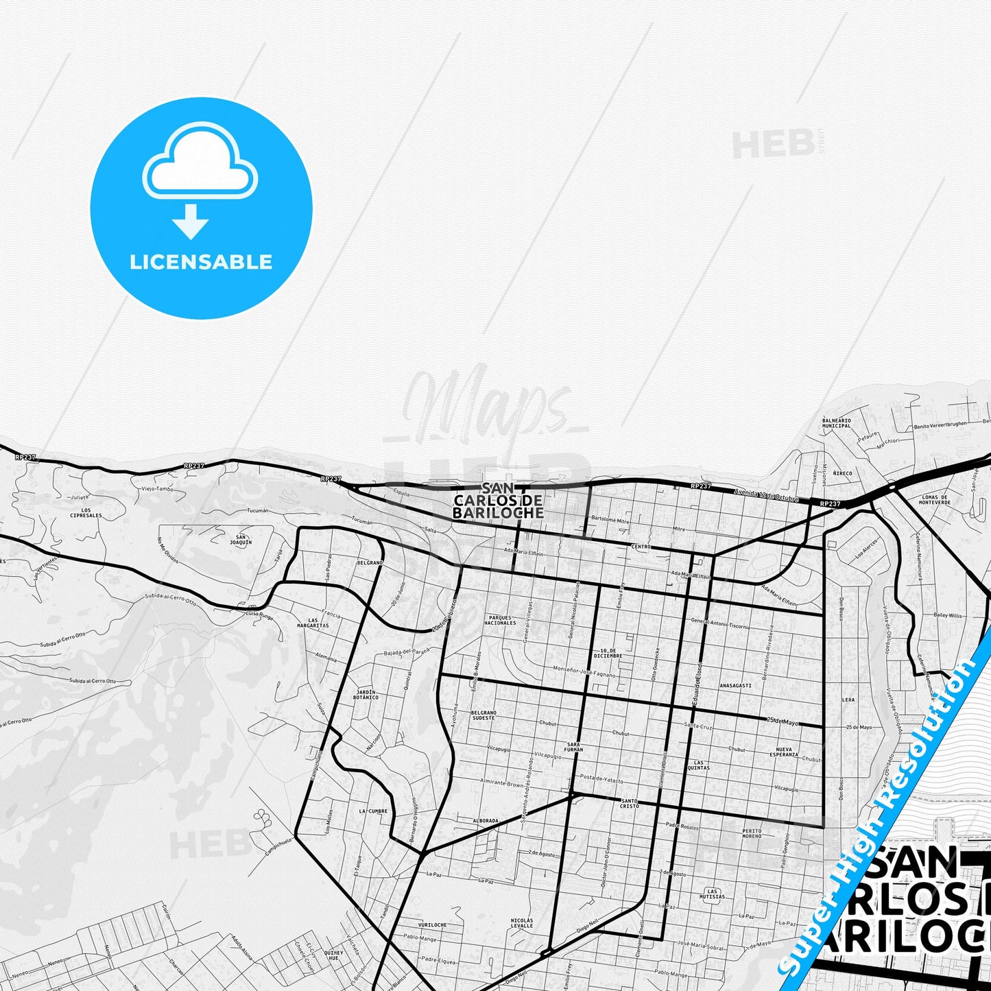 San Carlos de Bariloche, Argentina Light Map with Street Names, City Names, and Districts