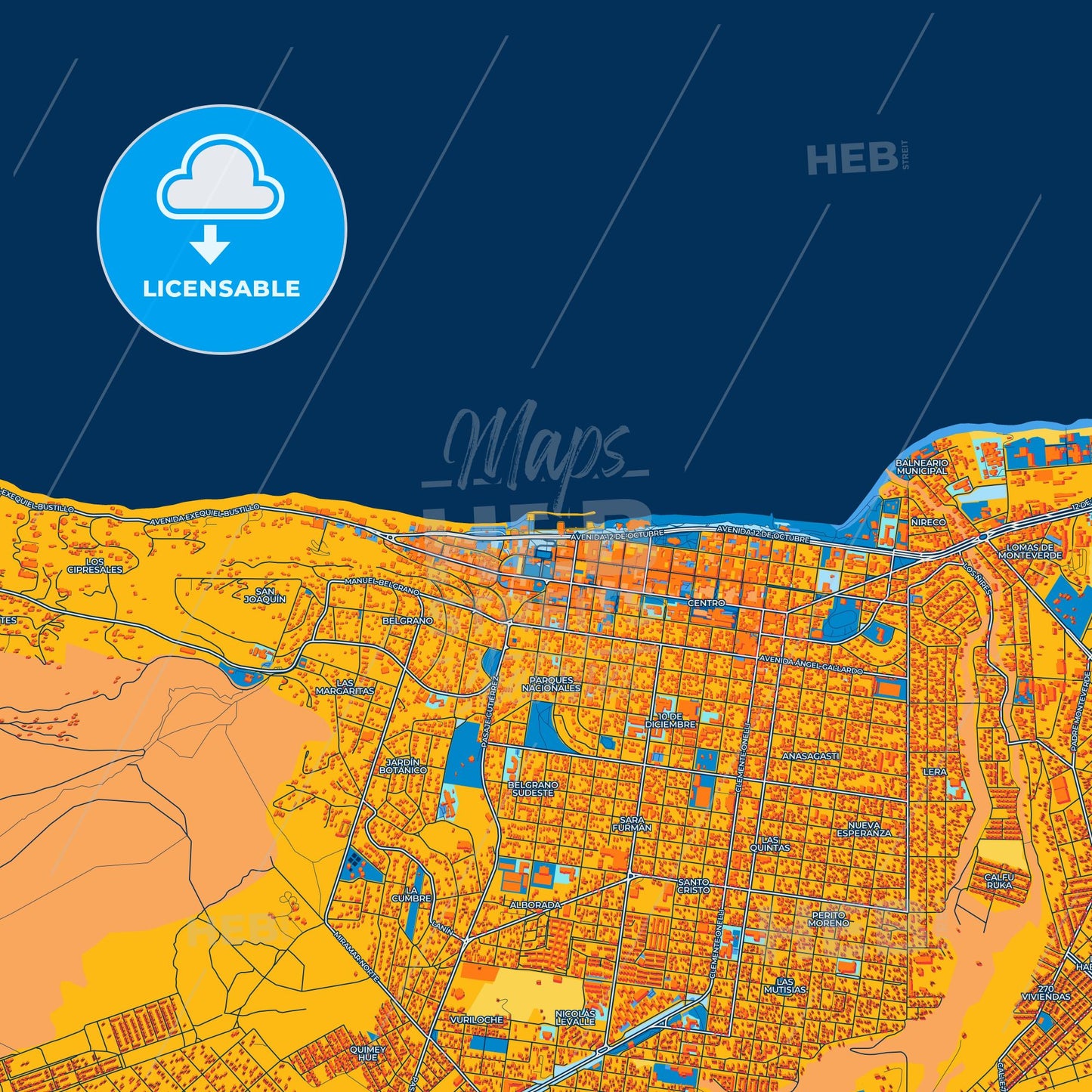 Colorful San Carlos de Bariloche Street Map with Labels and Buildings