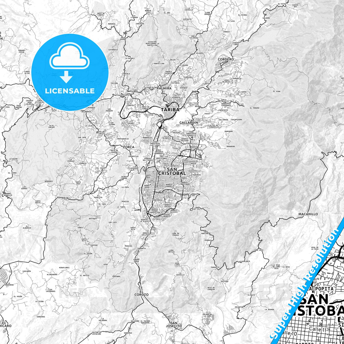 San Cristobal, Venezuela light map with streetnames, citynames and districts