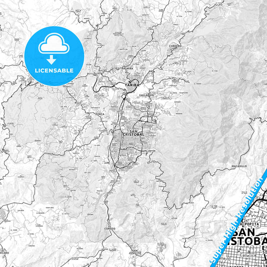 San Cristobal, Venezuela light map with streetnames, citynames and districts