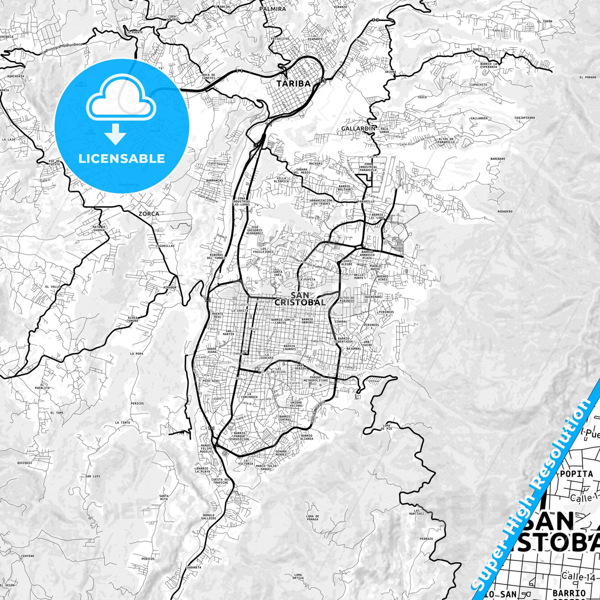San Cristobal, Venezuela Light Map with Street Names, City Names, and Districts