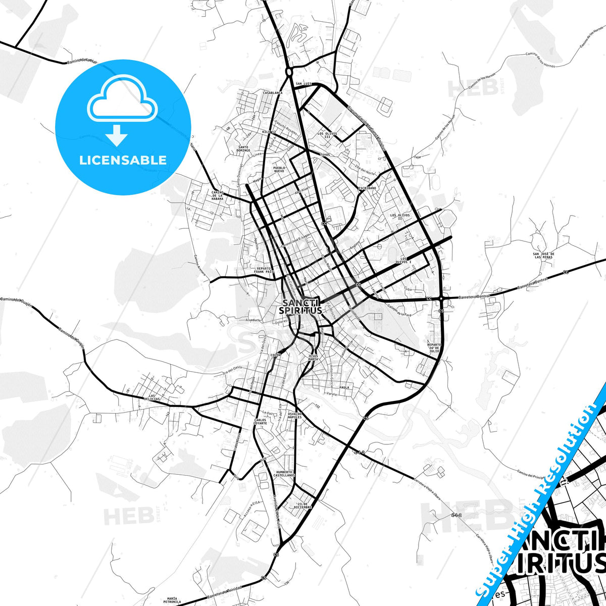Sancti Spíritus, Cuba Light Map with Street Names, City Names, and Districts