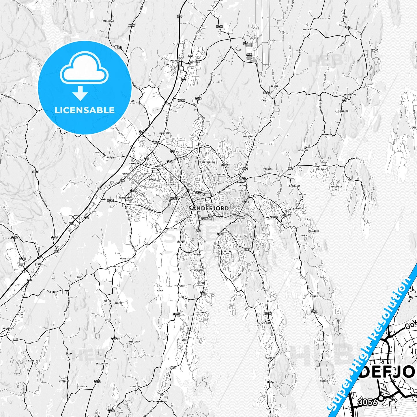 Sandefjord, Norway light map with streetnames, citynames and districts