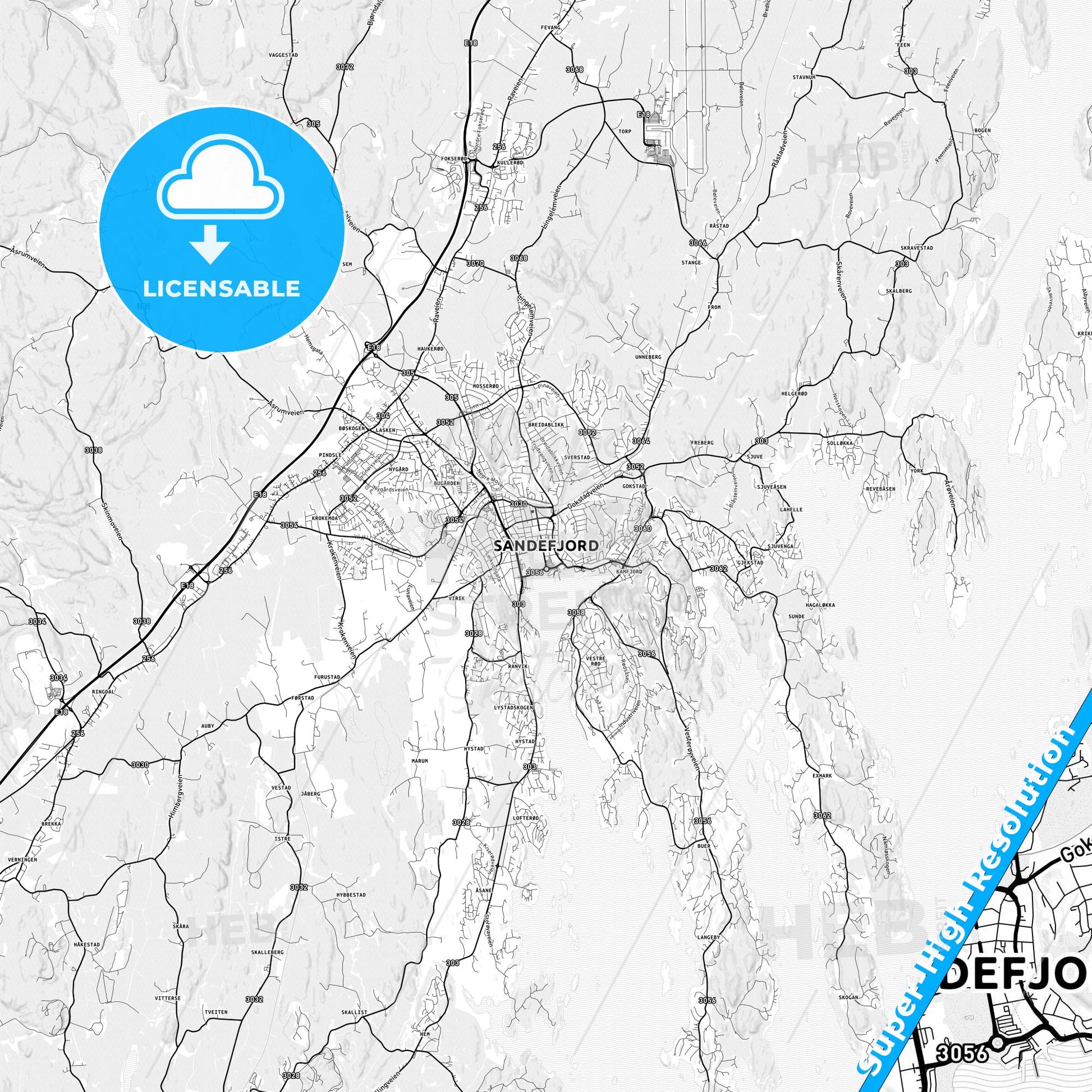 Sandefjord, Norway light map with streetnames, citynames and districts