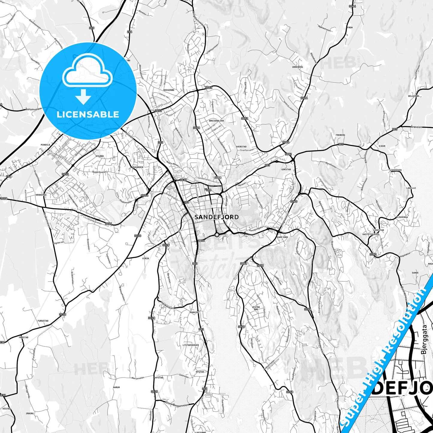 Sandefjord, Norway Light Map with Street Names, City Names, and Districts