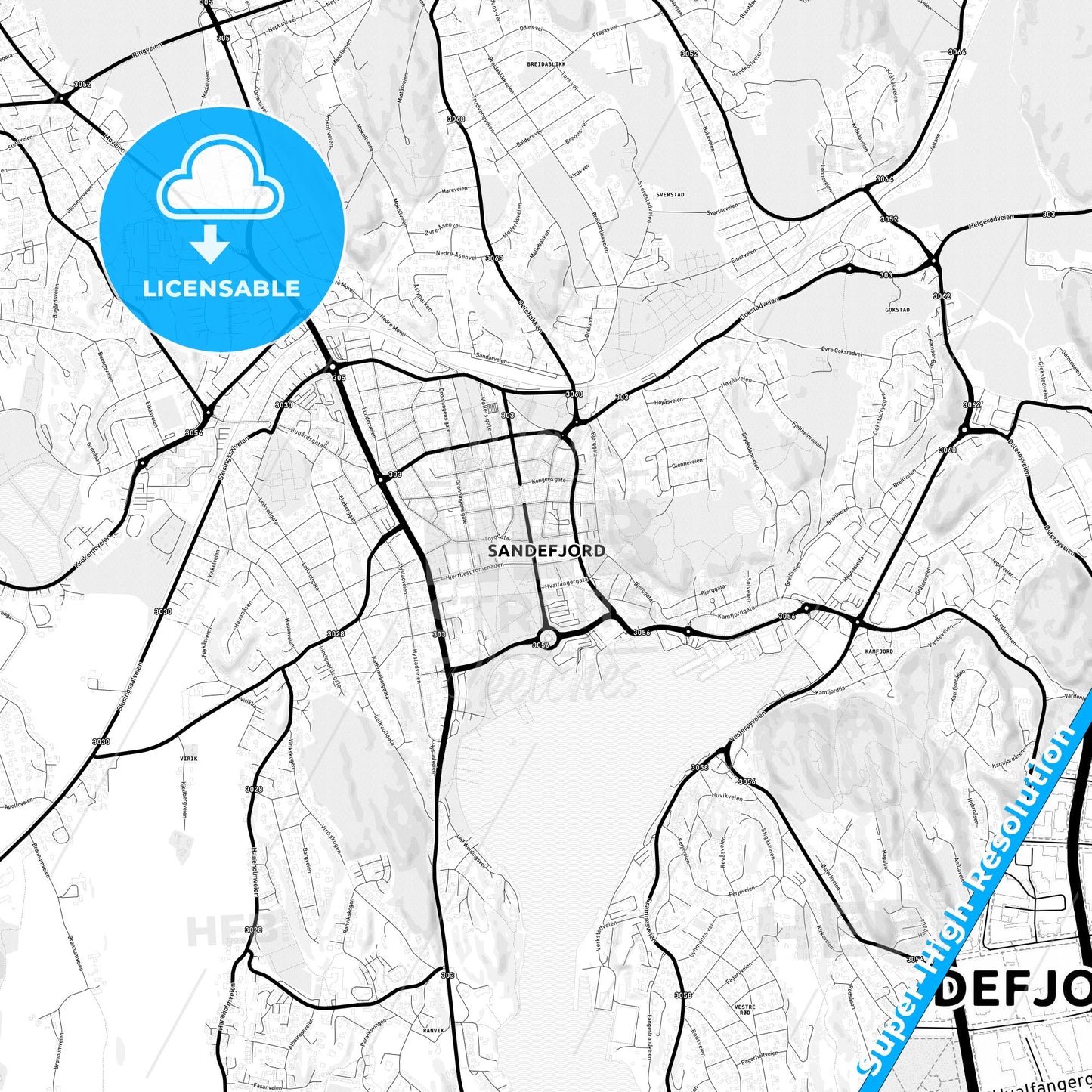 Sandefjord, Norway Light Map with Street Names, City Names, and Districts