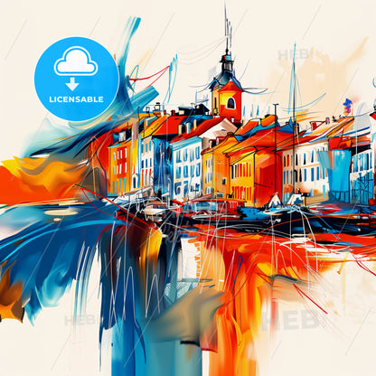 Vibrant Sandefjord, Norway - A Colorful Painting Of Buildings And A Body Of Water