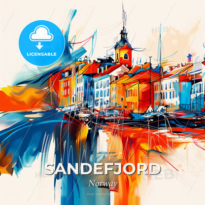 Vibrant Sandefjord, Norway - A Colorful Painting Of Buildings And A Body Of Water - Square format print template