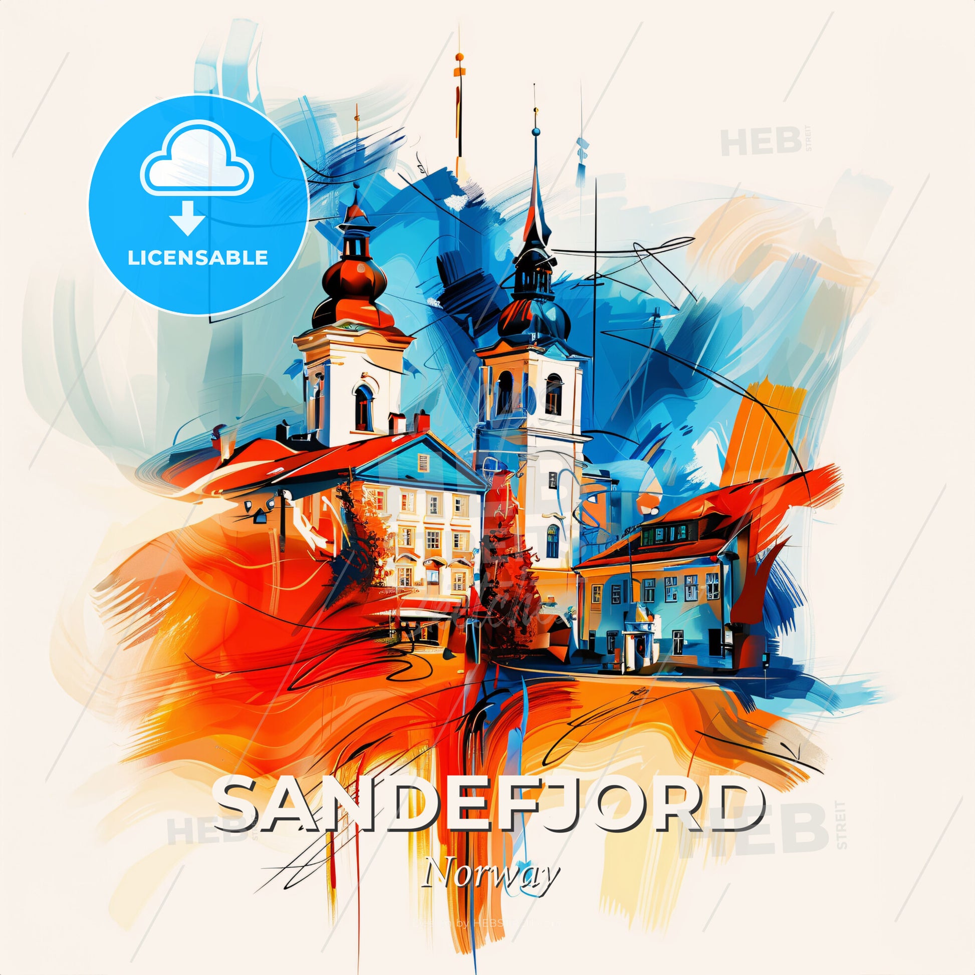 Vibrant Sandefjord, Norway - A Painting Of Buildings And Towers - Square format print template