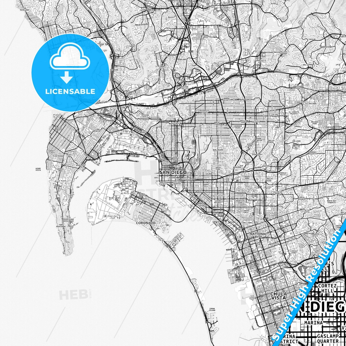 San Diego, California light map with streetnames, citynames and districts