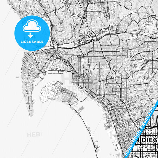 San Diego, California light map with streetnames, citynames and districts