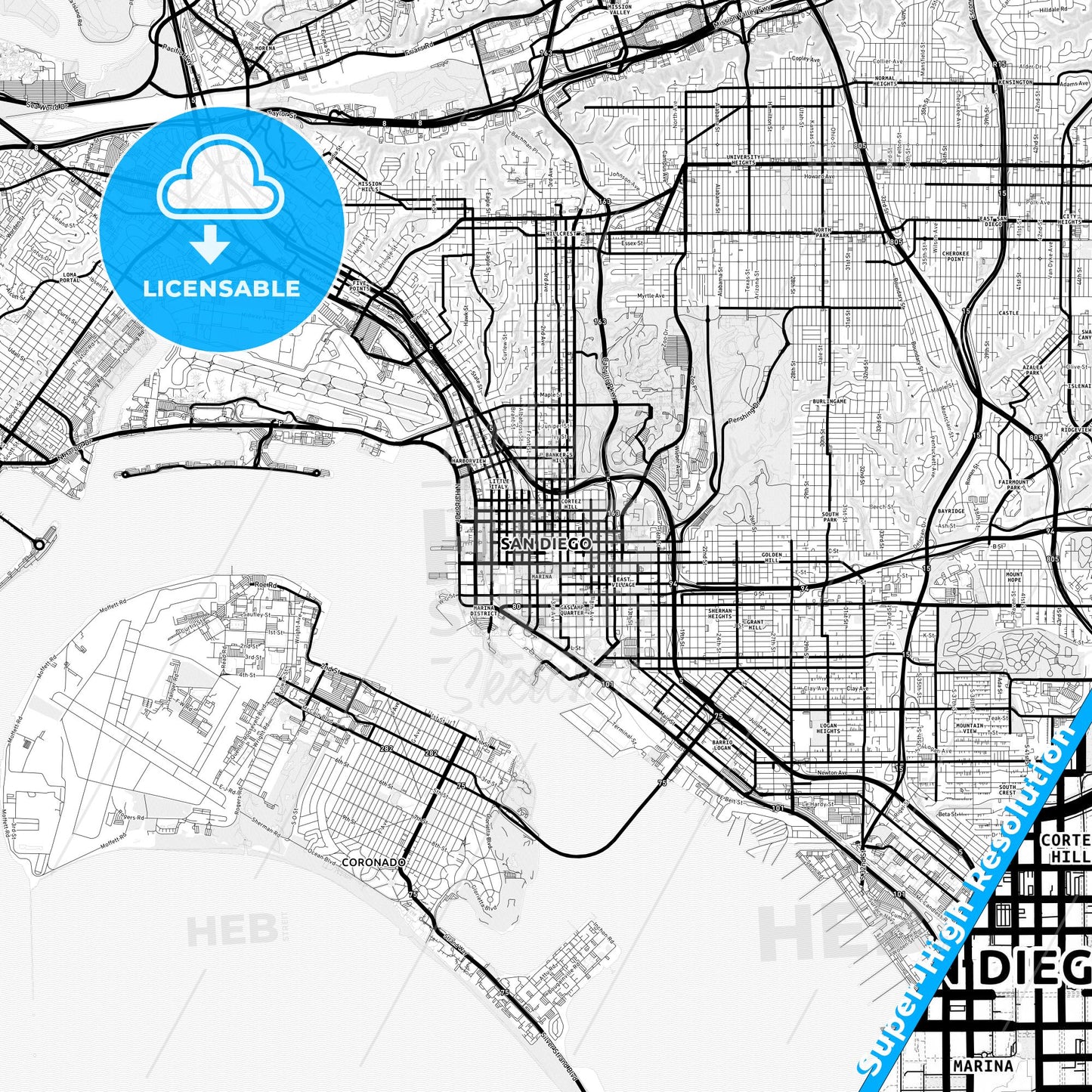 San Diego, California Light Map with Street Names, City Names, and Districts