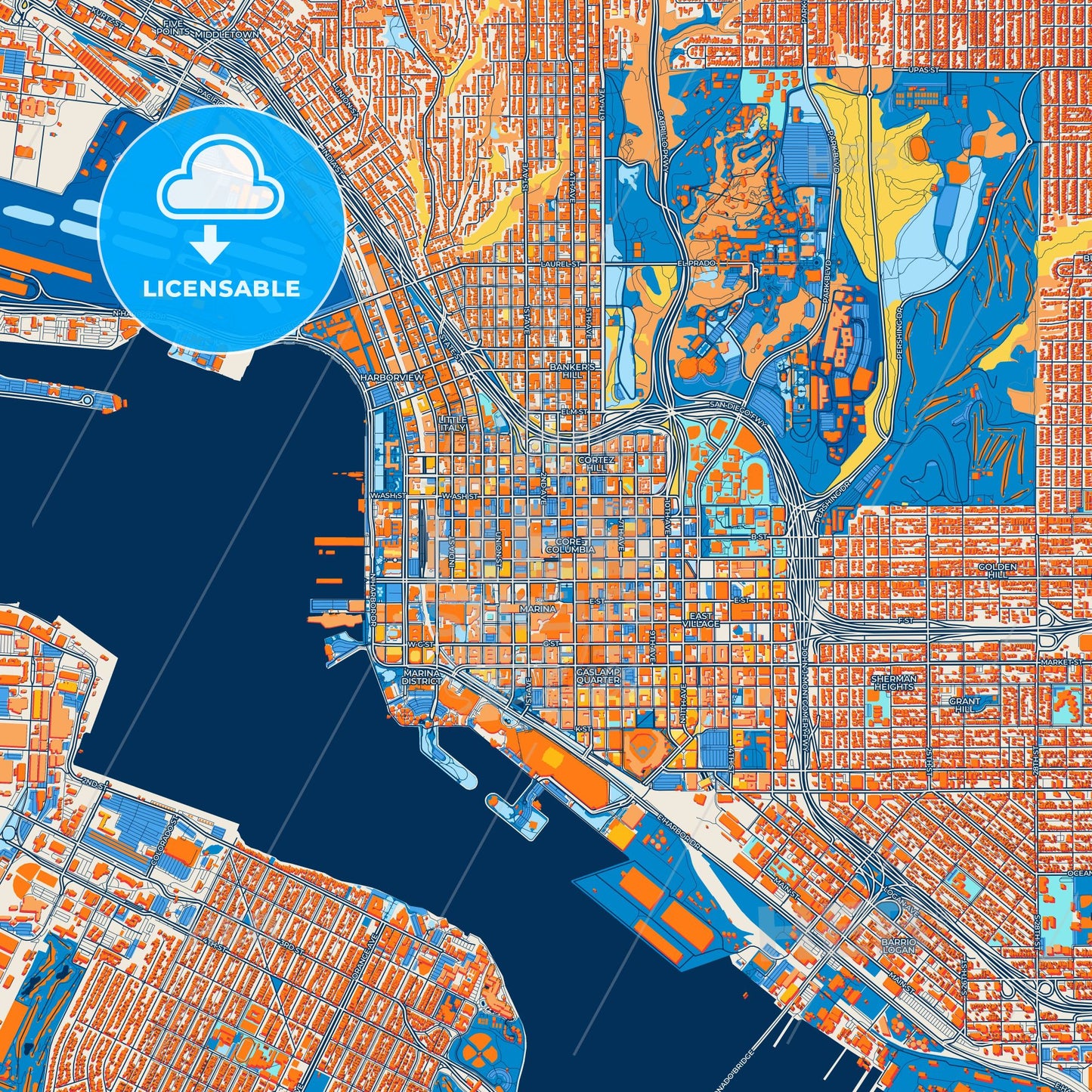 Colorful San Diego Street Map with Labels and Buildings