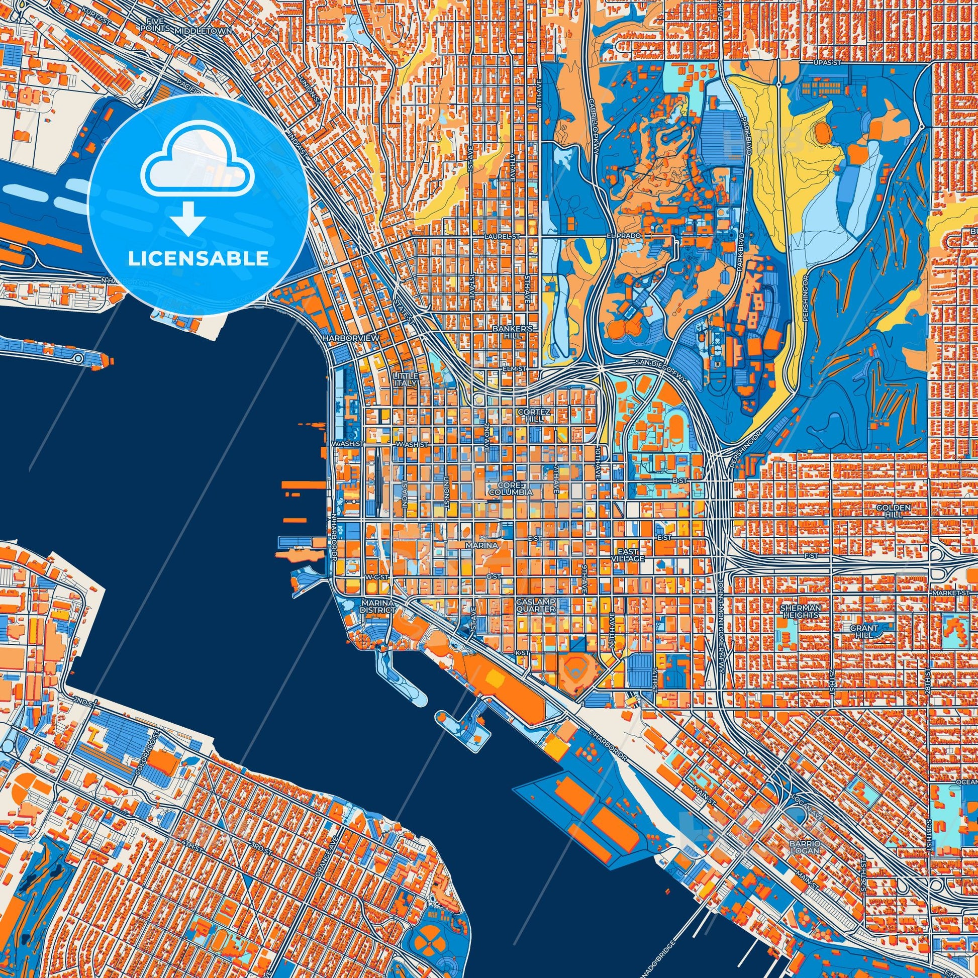 Colorful San Diego Street Map with Labels and Buildings