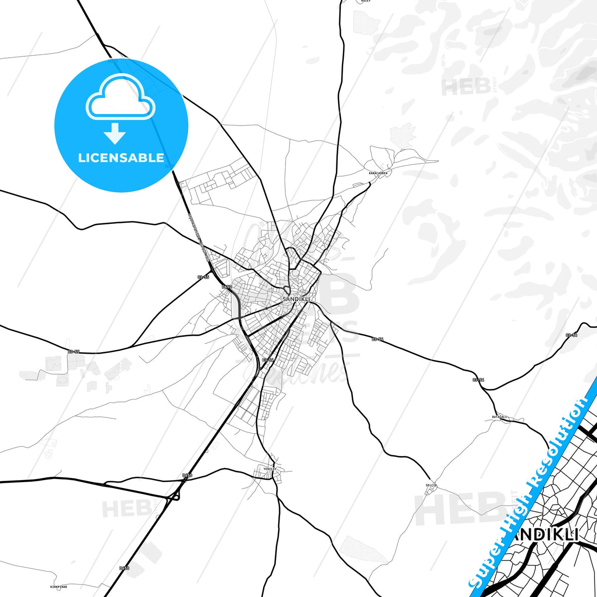 Sandıklı, Turkey Light Map with Street Names, City Names, and Districts