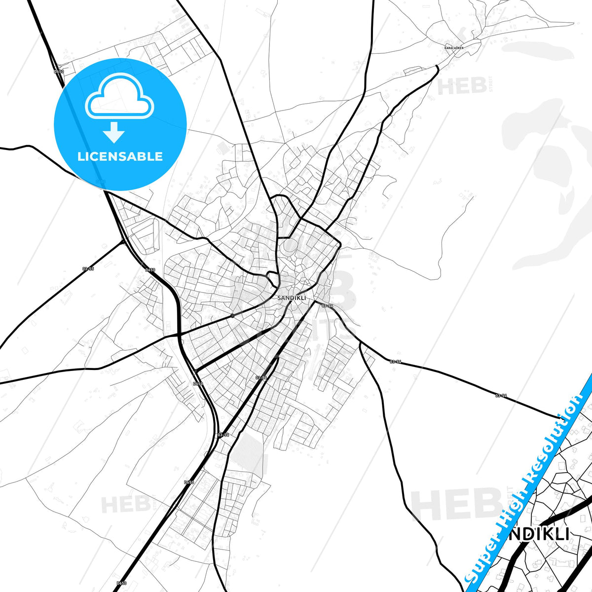 Sandıklı, Turkey Light Map with Street Names, City Names, and Districts