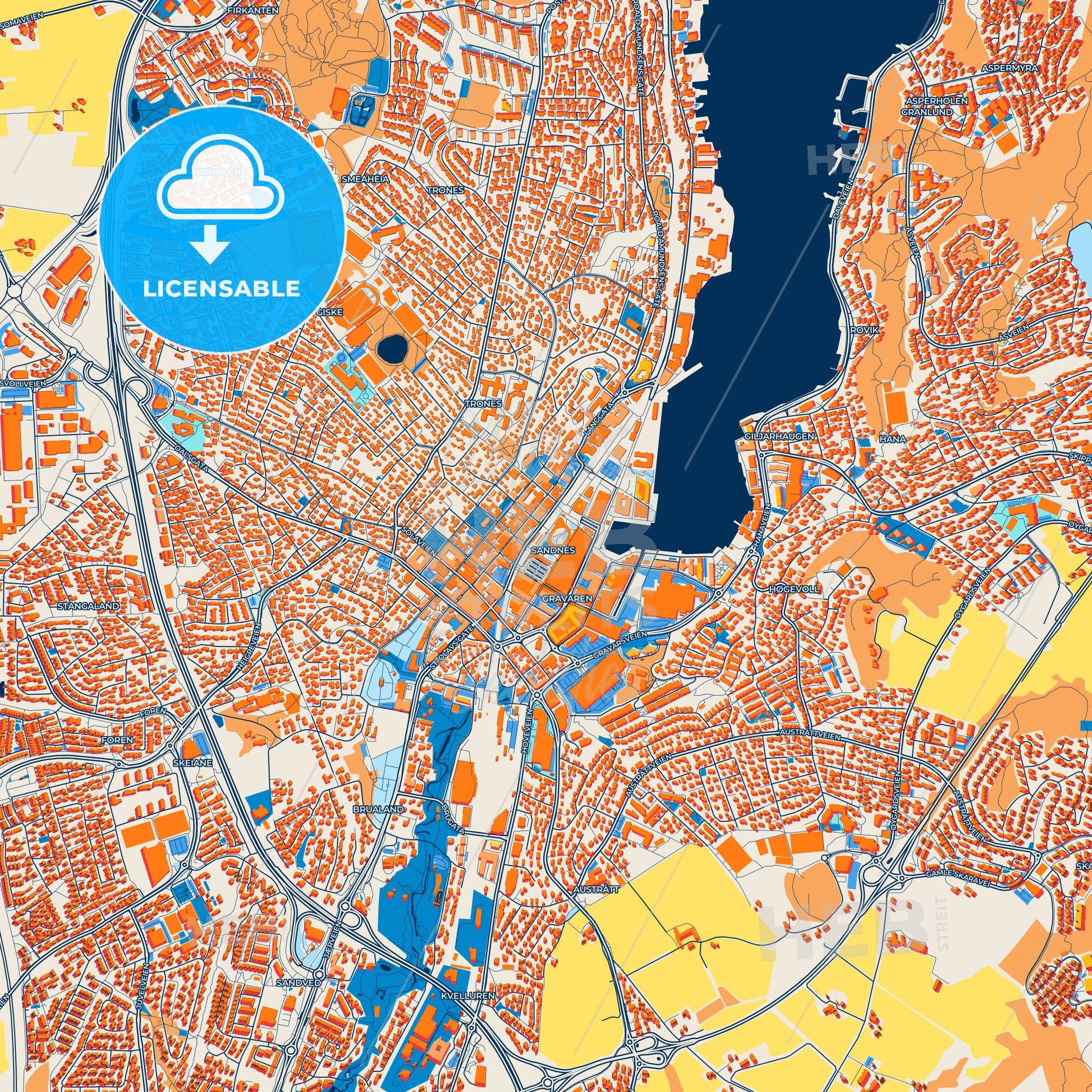 Colorful Sandnes Street Map with Labels and Buildings