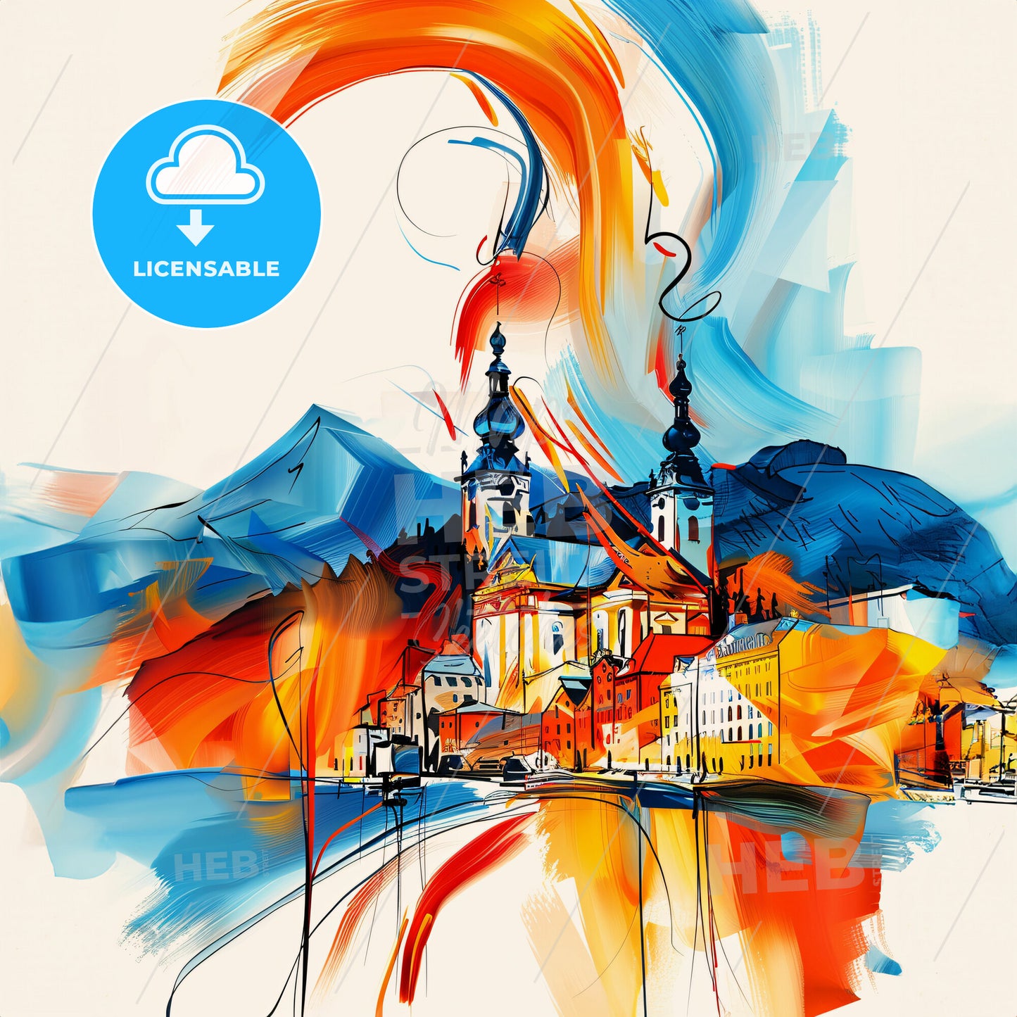 Vibrant Sandnes, Norway - A Painting Of A Town With Mountains And A Building