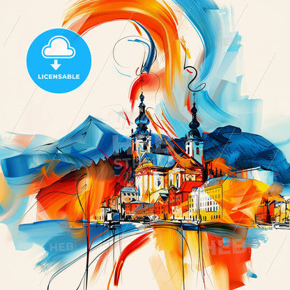 Vibrant Sandnes, Norway - A Painting Of A Town With Mountains And A Building