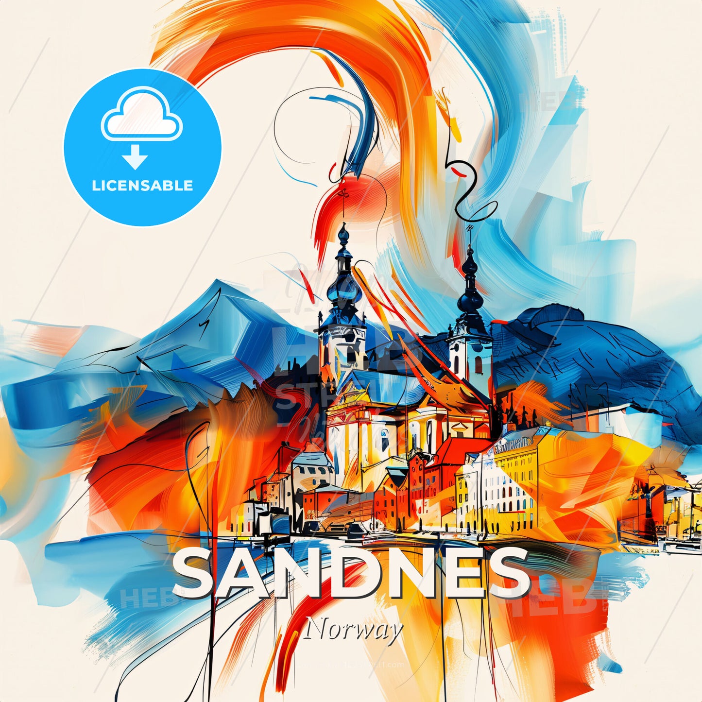 Vibrant Sandnes, Norway - A Painting Of A Town With Mountains And A Building - Square format print template