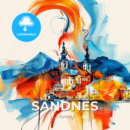 Vibrant Sandnes, Norway - A Painting Of A Town With Mountains And A Building - Square format print template