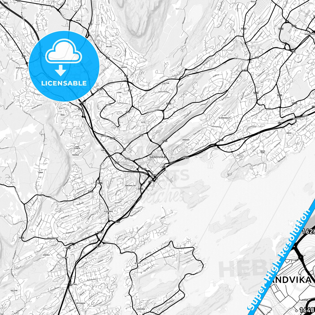Sandvika, Norway Light Map with Street Names, City Names, and Districts