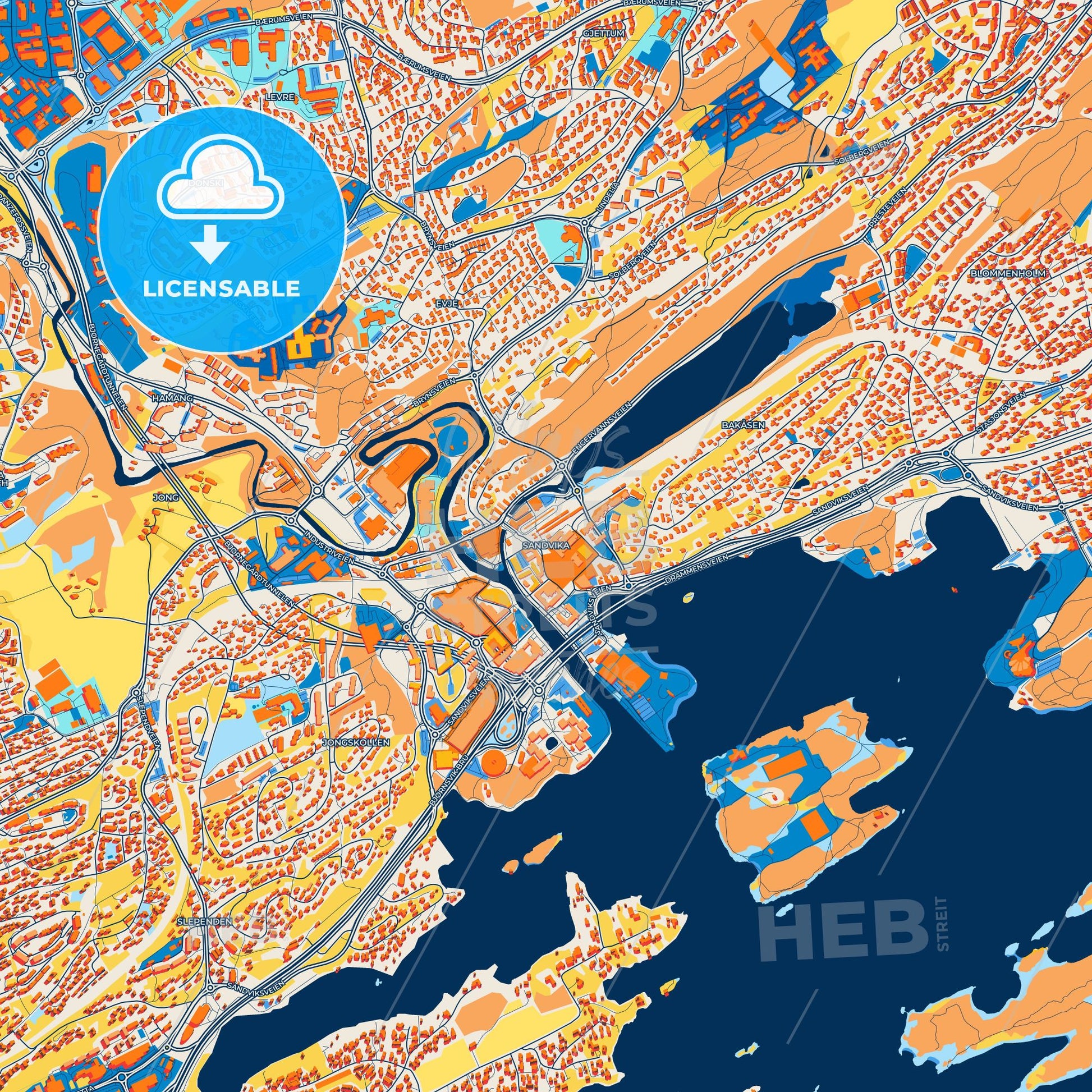 Colorful Sandvika Street Map with Labels and Buildings