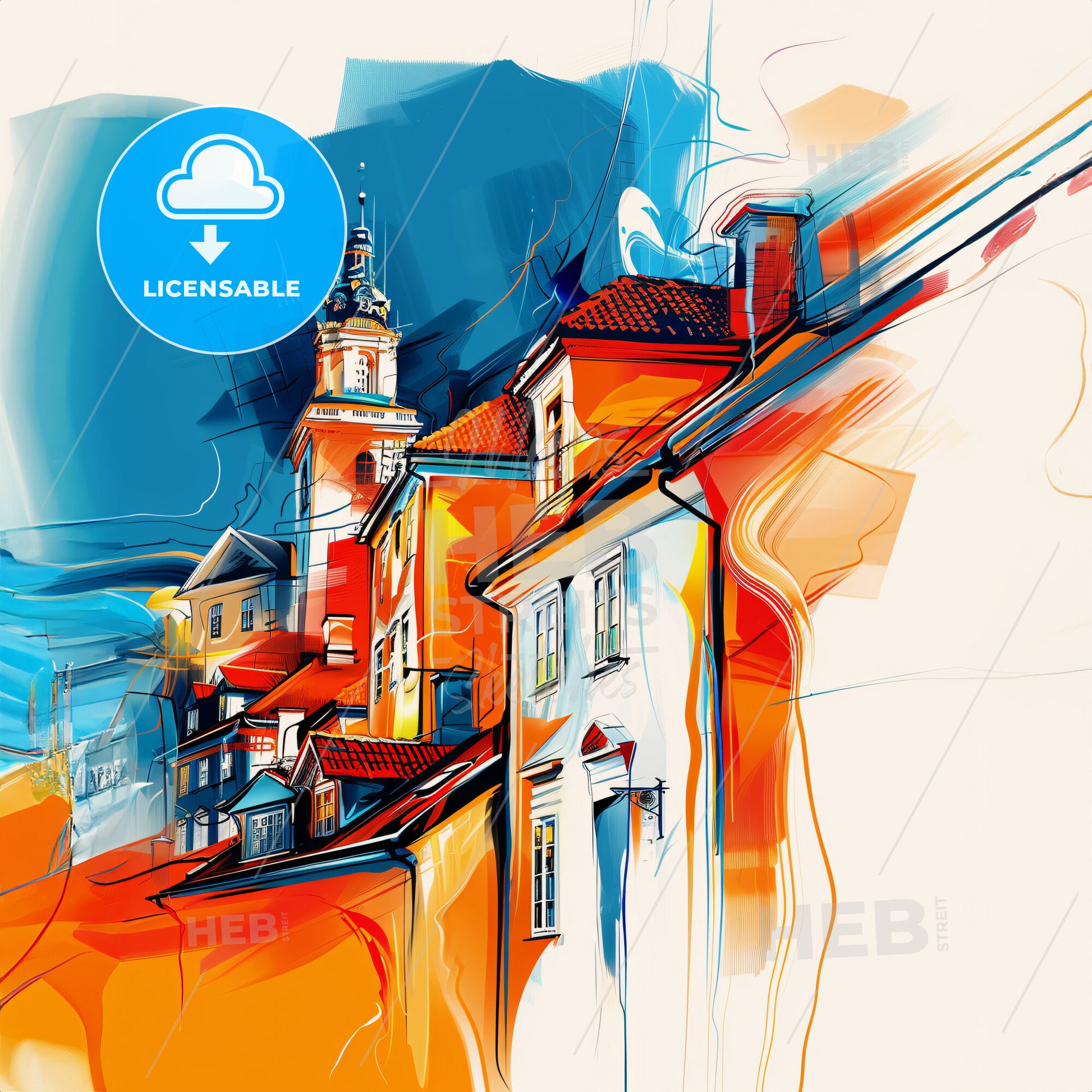 Vibrant Sandvika, Norway - A Painting Of Buildings And A Tower