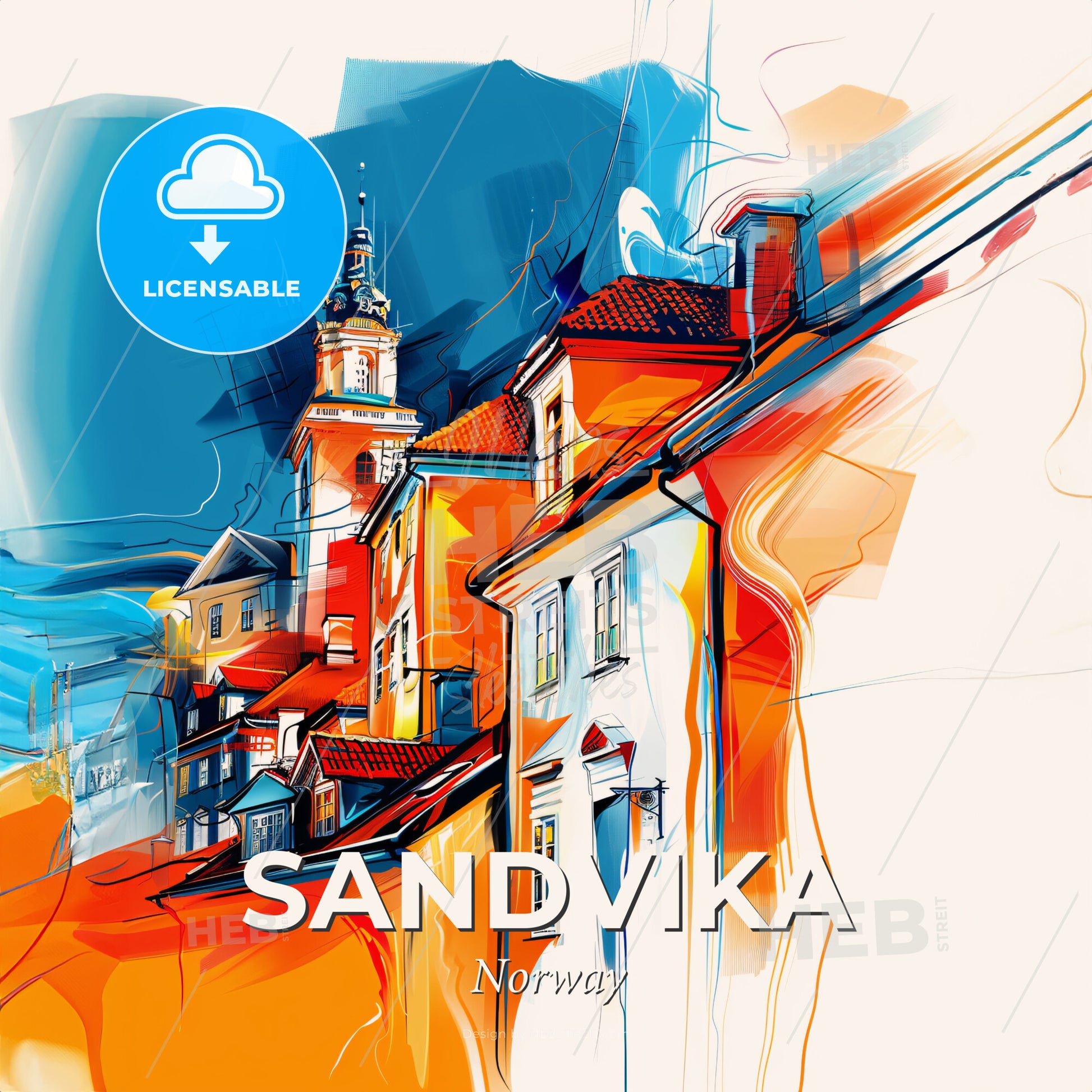 Vibrant Sandvika, Norway - A Painting Of Buildings And A Tower - Square format print template