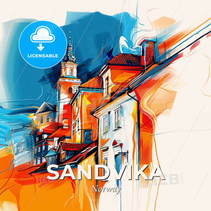 Vibrant Sandvika, Norway - A Painting Of Buildings And A Tower - Square format print template