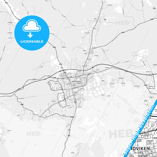Sandviken, Sweden light map with streetnames, citynames and districts