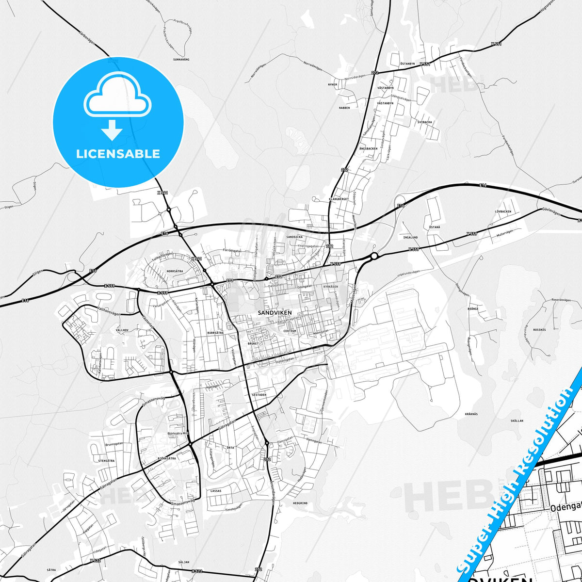 Sandviken, Sweden Light Map with Street Names, City Names, and Districts
