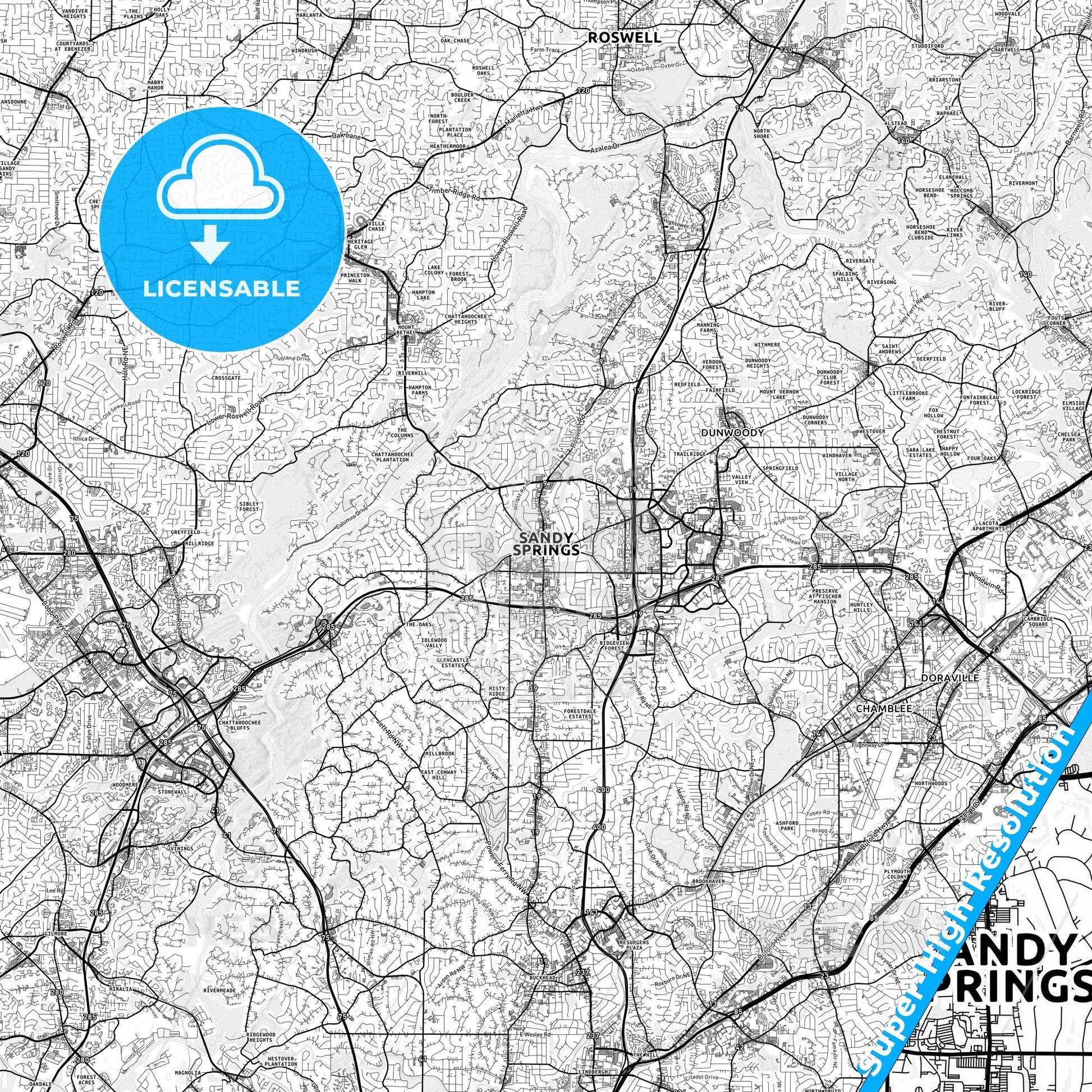Sandy Springs, Georgia light map with streetnames, citynames and districts