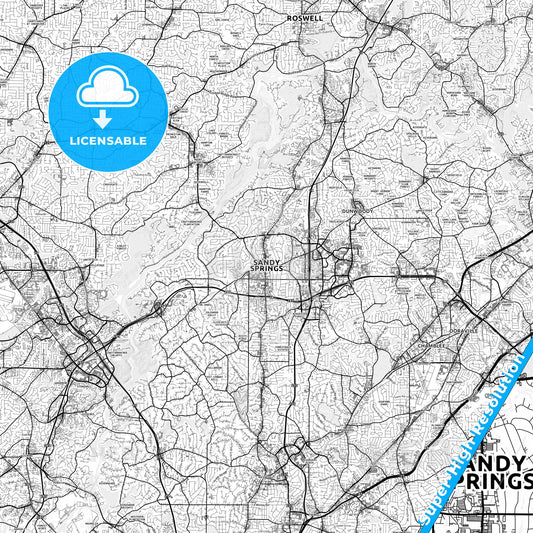 Sandy Springs, Georgia light map with streetnames, citynames and districts