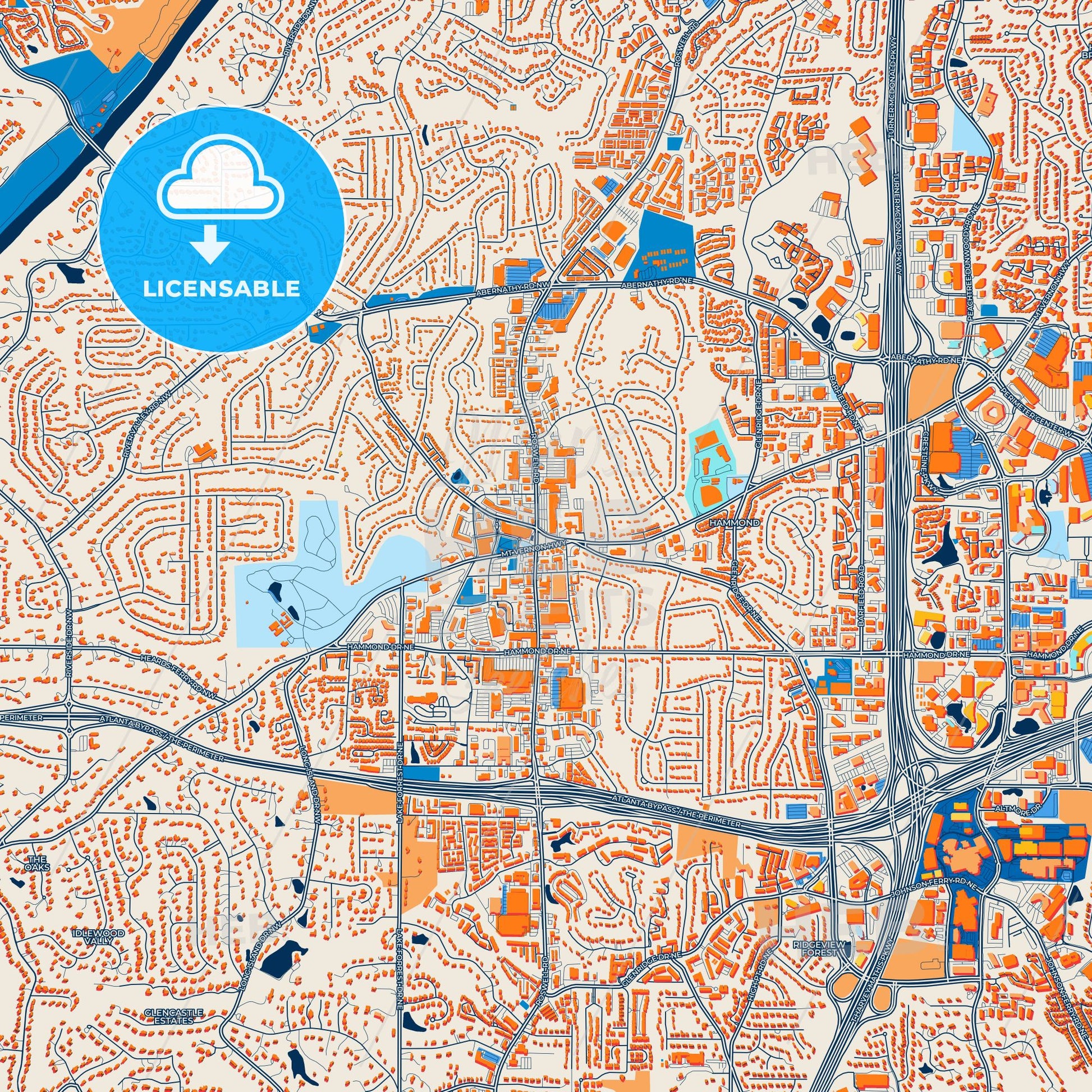 Colorful Sandy Springs Street Map with Labels and Buildings