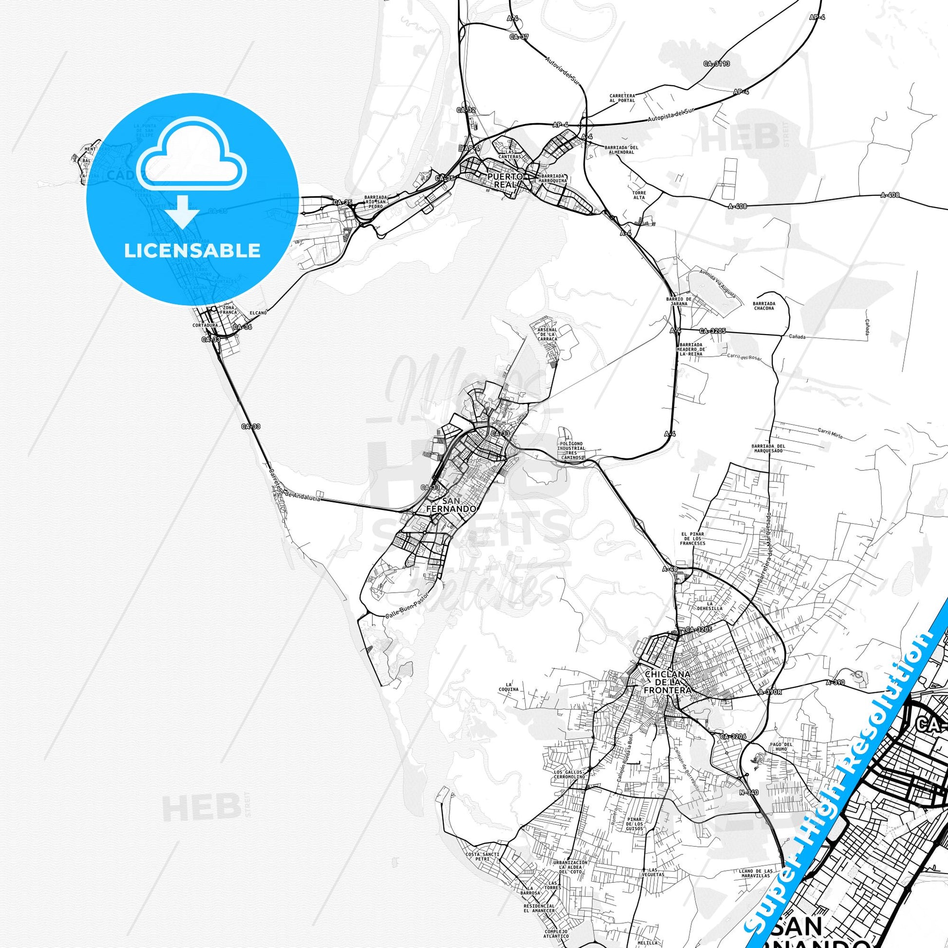 San Fernando, Spain light map with streetnames, citynames and districts