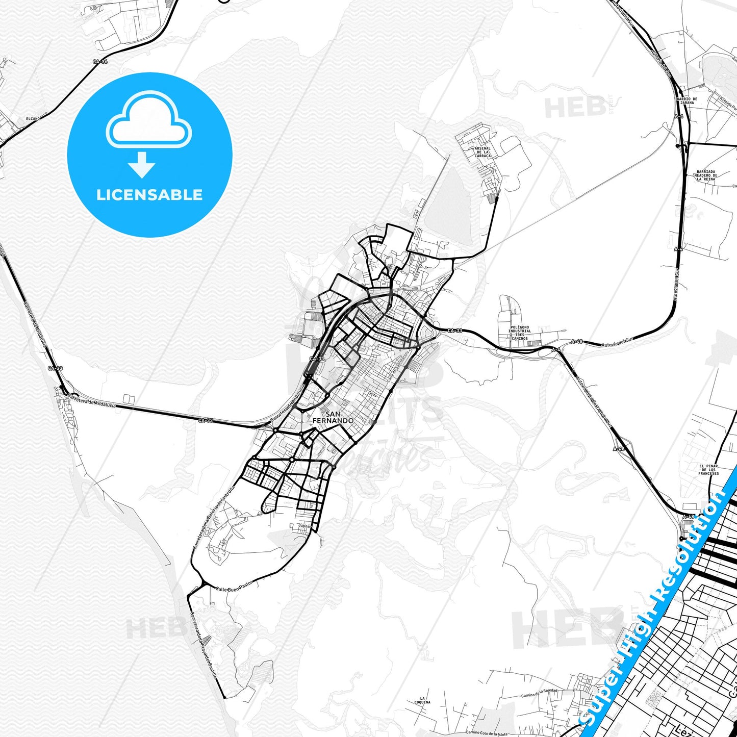 San Fernando, Spain Light Map with Street Names, City Names, and Districts