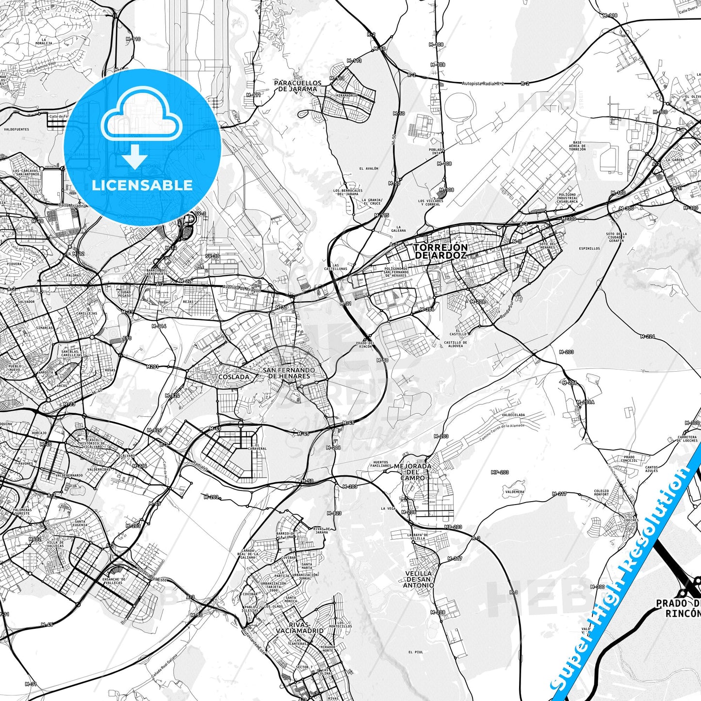San Fernando de Henares, Spain light map with streetnames, citynames and districts
