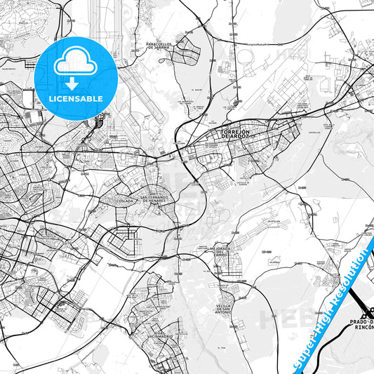 San Fernando de Henares, Spain light map with streetnames, citynames and districts