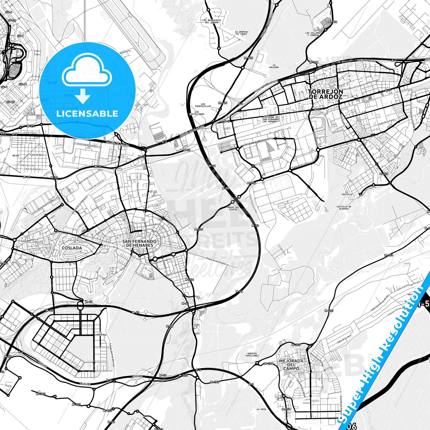 San Fernando de Henares, Spain Light Map with Street Names, City Names, and Districts