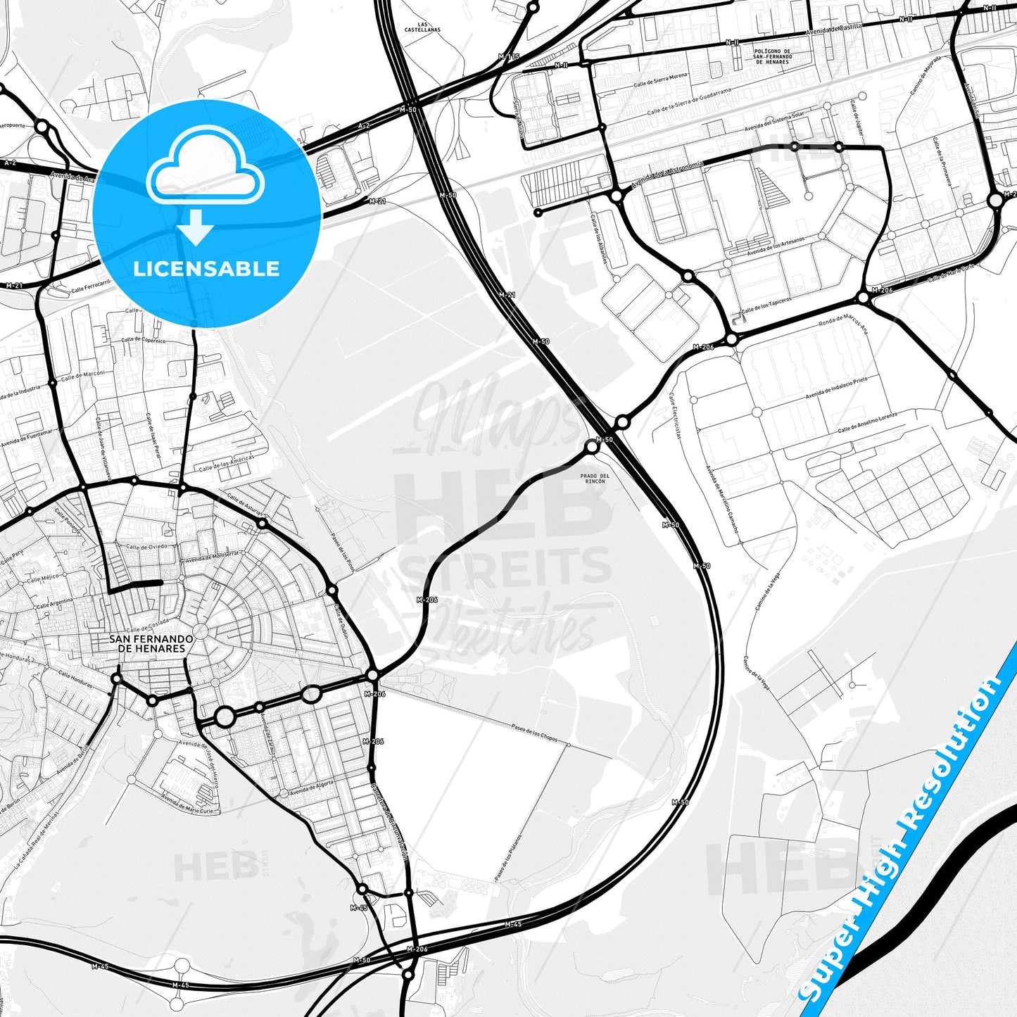 San Fernando de Henares, Spain Light Map with Street Names, City Names, and Districts
