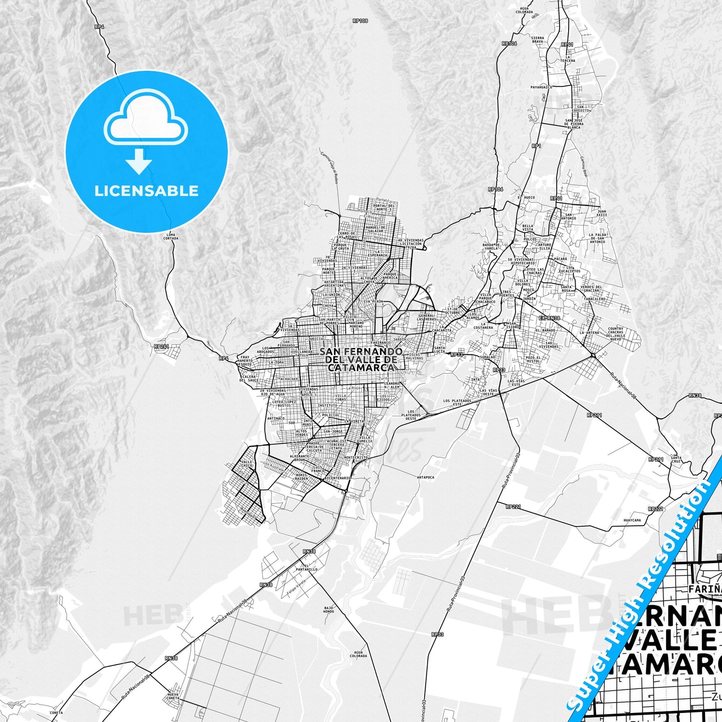 San Fernando del Valle de Catamarca, Argentina light map with streetnames, citynames and districts